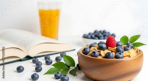 Healthy Breakfast Scene: Cereal, Berries, Juice, and Open Book on White Surface
