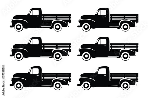 Classic Truck Silhouette Set: A captivating assortment of classic truck silhouettes, perfectly capturing the essence of vintage transport and embodying an iconic sense of design, timeless vehicles.