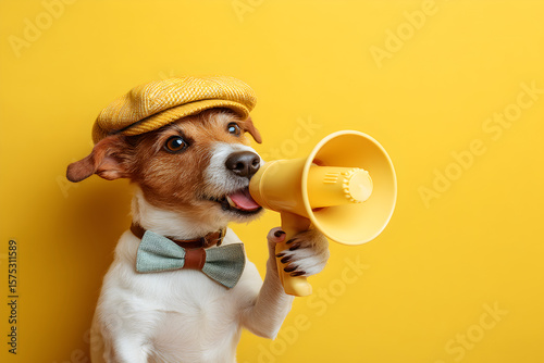 Funny dog with yellow hat and megaphone on yellow background, dressed in bow tie and posing playfully
