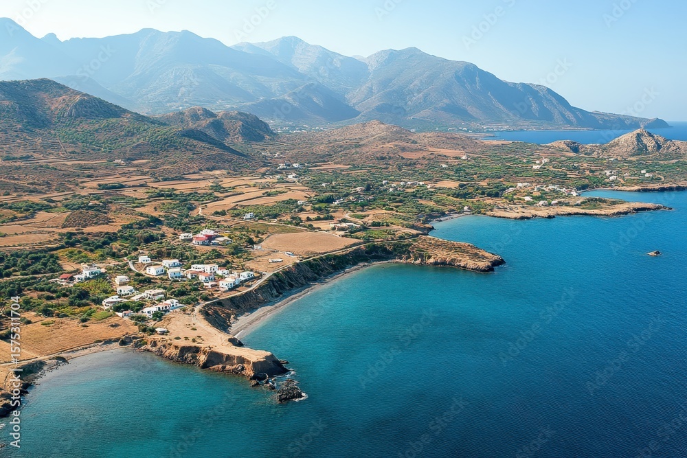 Obraz premium Stunning aerial view of Crete island countryside showcasing coastline and mountains, Crete island Greece countryside landscape aerial panorama Greek rural nature