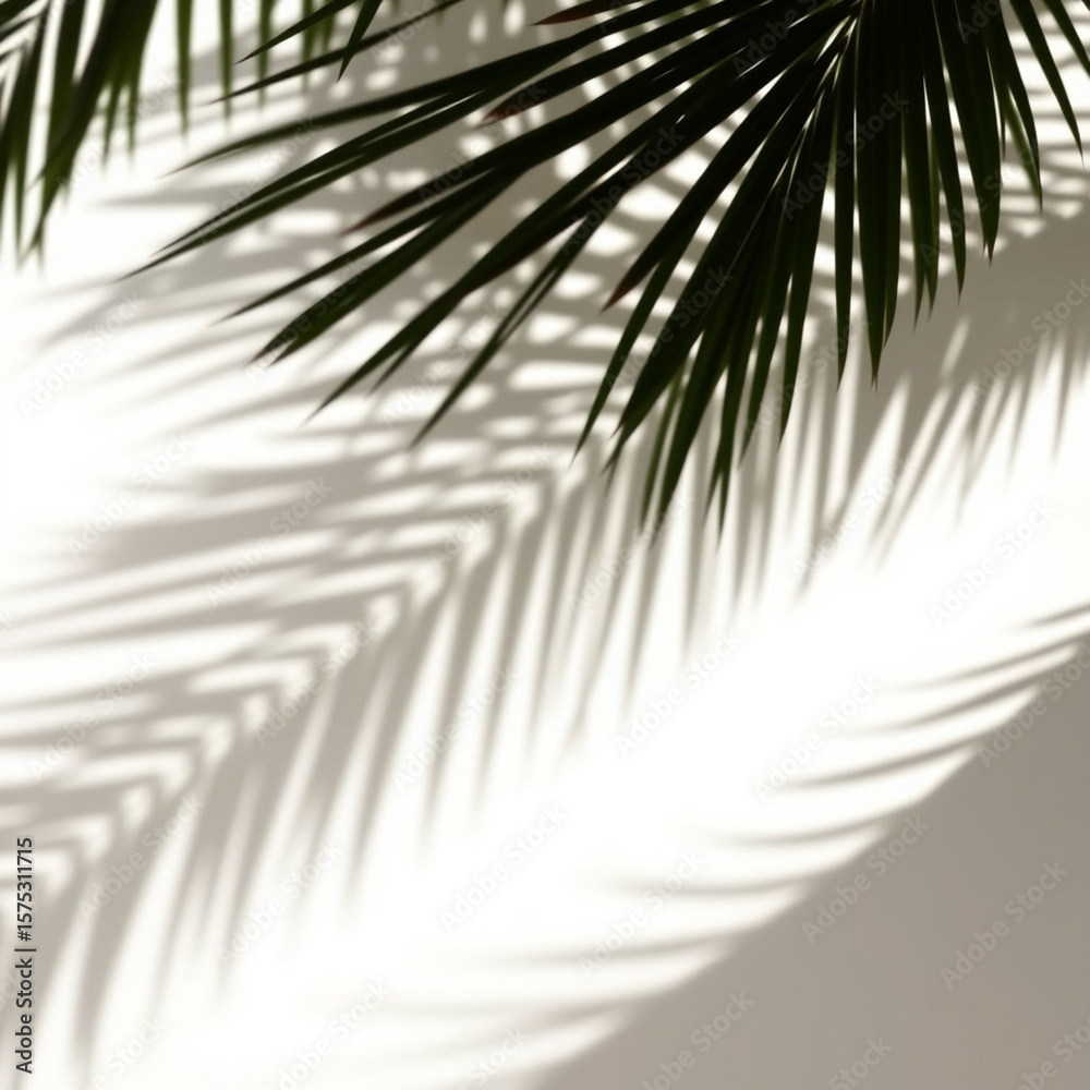 Obraz premium shadow overlay effects,realistic palm leaf shadow on transparent background,Natural shadow of tropical palm branch,mockup of shadow for product presentation, backdrop,Summer sunlight and shadow overla