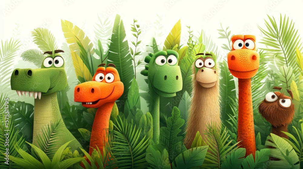 Naklejka premium Fun and Colorful Cartoon Dinosaurs Surrounded by Lush Greenery and Tropical Foliage