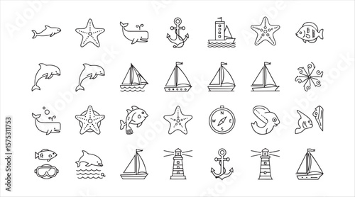 ea creatures and nautical symbols like sailboats, lighthouses, anchors, and coral reefs.