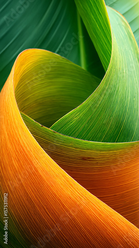 Abstract CloseUp of Curved Green and Yellow Leaf Veins Texture Pattern