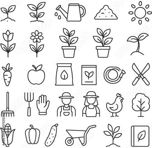 Outline Agriculture Vector Icons – Garden Tools, Seeds, Farmer, Plant Growth