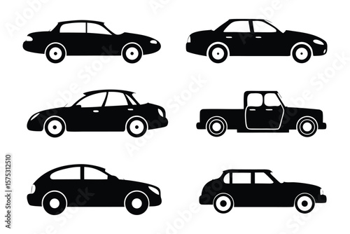 Vehicle Variety: A sleek collection of six monochromatic vehicle silhouettes, showcasing diverse automotive designs. Capturing the essence of transportation and innovation.