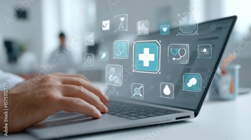 Modern Technology in Healthcare with Medical Icons and Laptop Interface Display