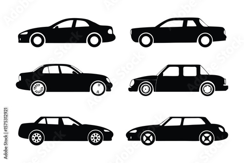 Automotive Ensemble: A collection of six meticulously rendered black automobiles, each showcasing a unique design profile, offering a versatile visual representation of transport and mobility