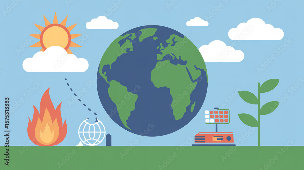 Naklejka premium The illustration depicts climate change with the sun, fire, and earth, highlighting global warming