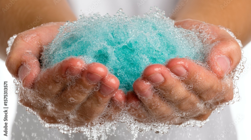 Fototapeta premium Close-up of Hands Holding Soap Bubble with Clear Water and Foam for Cleaning Purposes