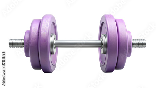 A pair of vibrant purple dumbbells with silver metal handles, designed for strength training and fitness, isolated on a transparent background