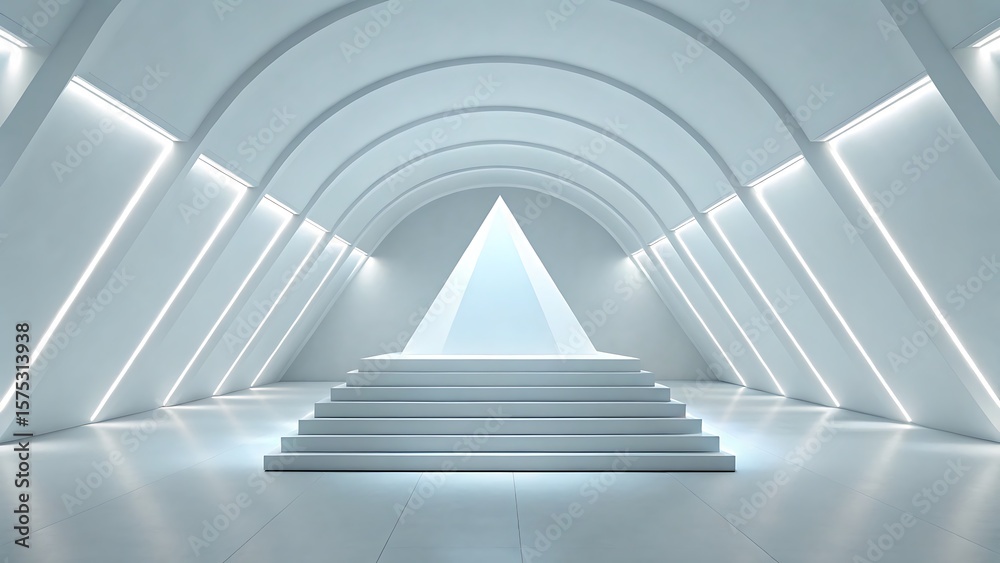 Fototapeta premium Futuristic minimalist architectural interior with glowing pyramid on a stepped platform and illuminated arched ceiling