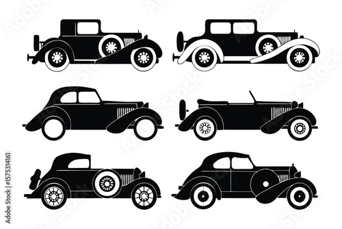 Classic Automobile Silhouettes: A collection of elegant, vintage car silhouettes exuding timeless charm and historical significance. Perfect for adding a touch of retro flair to your designs.