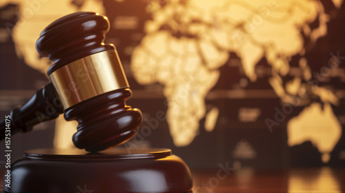 Wooden gavel on desk with glowing world map in background symbolizing global justice