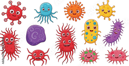 Colorful cartoon bacteria and virus characters collection for medical, educational, science projects, and kids health posters and learning materials