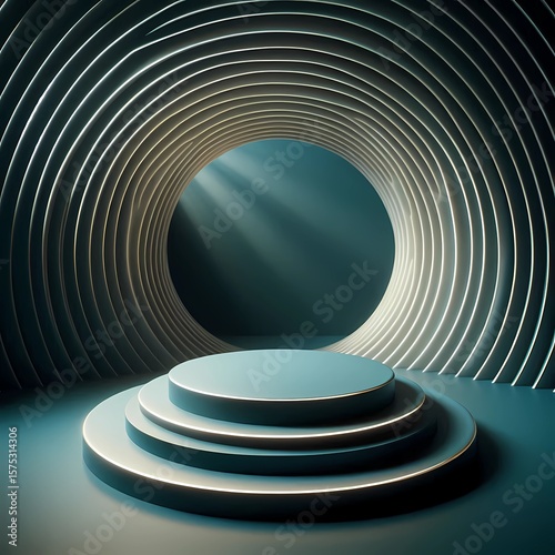 Futuristic Sci-Fi Floating Dual-Ring Stepped Podium with Spiral Light Tunnel