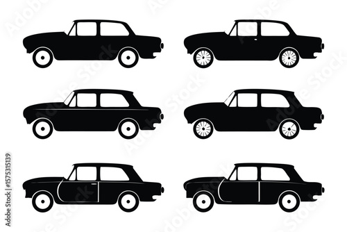 Classic Car Silhouettes: A collection of sleek black silhouettes showcases the timeless elegance of vintage cars, perfect for design assets or automotive themes.