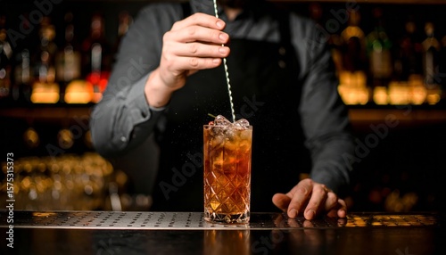 Bartender removiendo bebida oscura con hielo en vaso corto, fondo cálido y ambiente sofisticado de bar