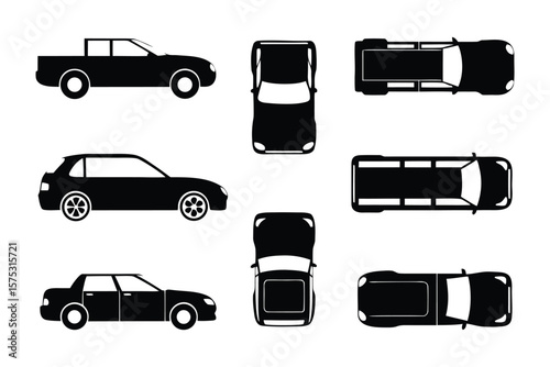 Silhouette Vehicles: A diverse assortment of automobile silhouettes showcases different vehicle designs in various perspectives, ideal for design, transport and automobile concepts.