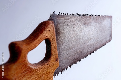 Close-up of a vintage hand saw with a wooden handle, showcasing its sharp teeth against a plain background