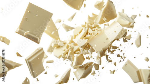 Chunks of white chocolate explode in a sweet, sugary cascade isolated on transparent background
