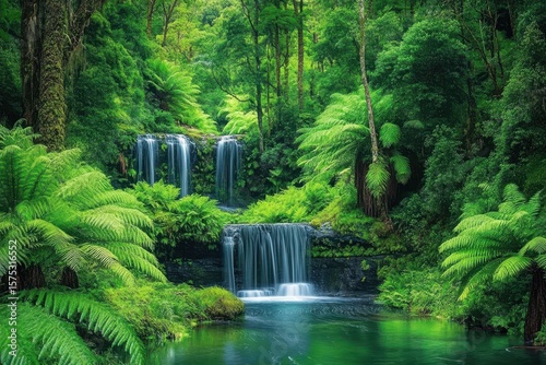 Majestic waterfalls cascading through lush Tasmania forest during midday, Tasmania forest Waterfall in green nature environment of Australia Scenic view