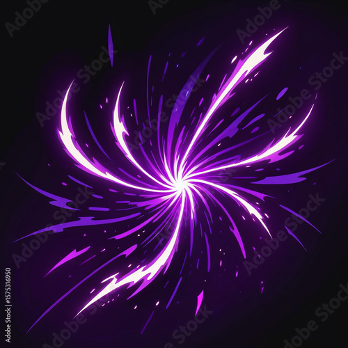 A vibrant spiral of purple and white beams radiates outwards from a central point, creating a dynamic and magical effect against a dark backdrop.