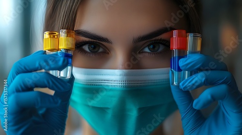 Healthcare Worker in Mask Holding Blue Liquid Vials with Colored Tops, Close Up