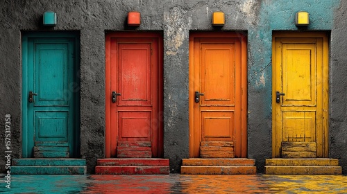 Four doors choices concept with different colored entrances, decision-making metaphor graphic for business, design, ads
