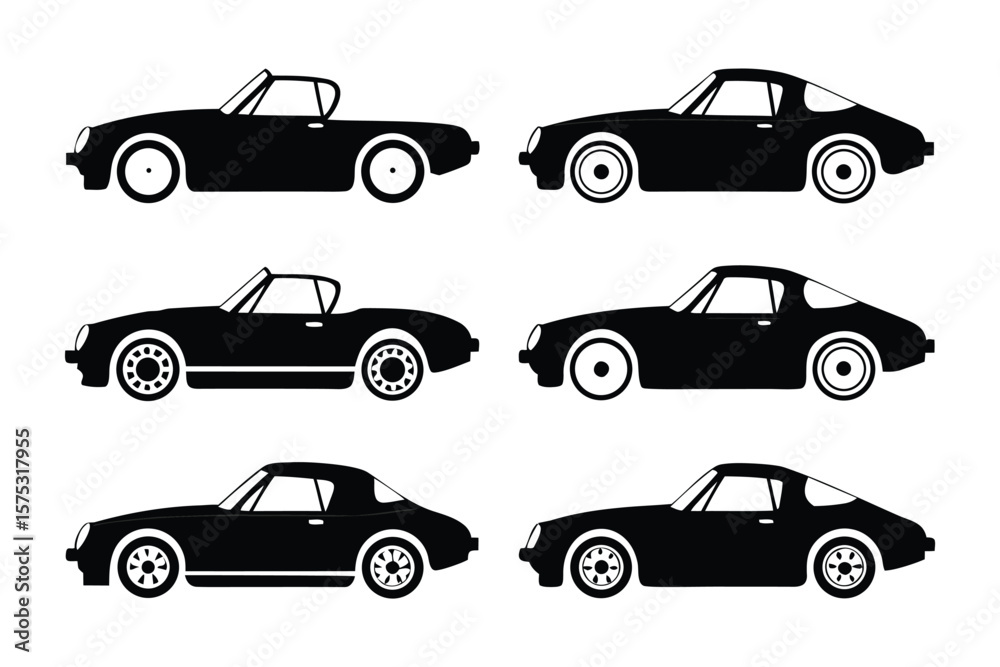 Fototapeta premium Classic Car Collection Silhouettes: A collection of iconic classic car silhouettes, presented in striking black and white, perfectly capturing their timeless elegance and the romance of the road.