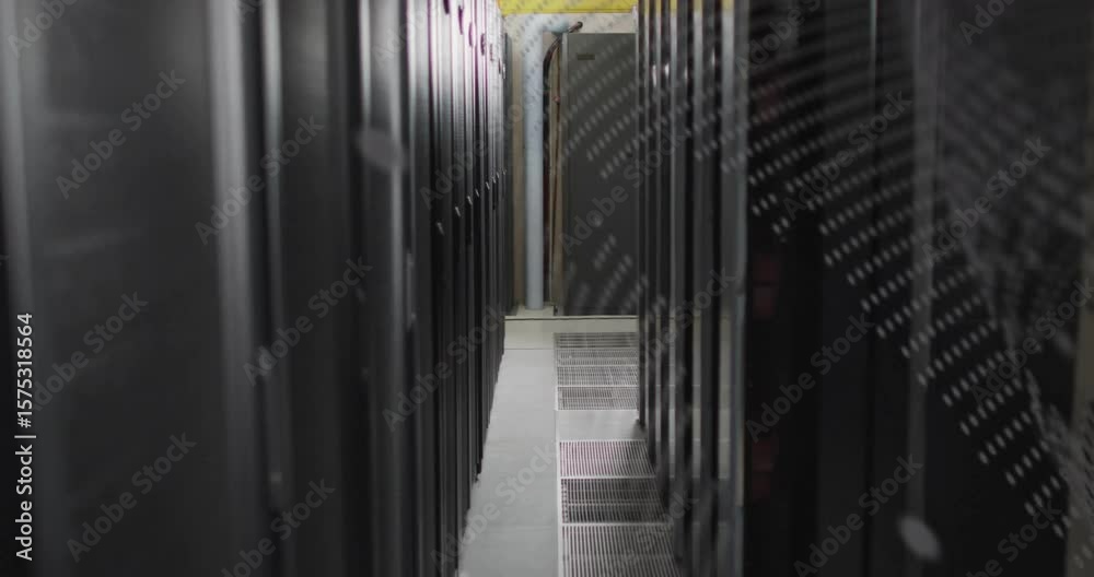 Binary overlay emerging over server racks during camera forward ...