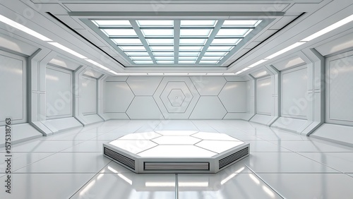 Modern futuristic white hexagonal room with central platform and skylight ceiling