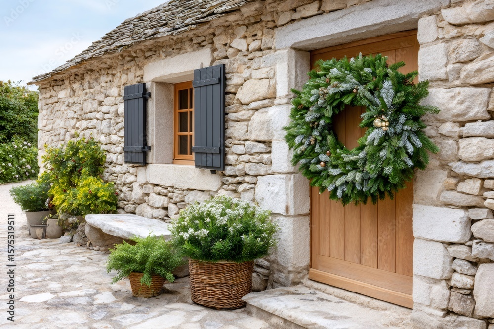 Christmas wreath hanging on wooden door of stone house Christmas wreath hanging on wooden door of stone house