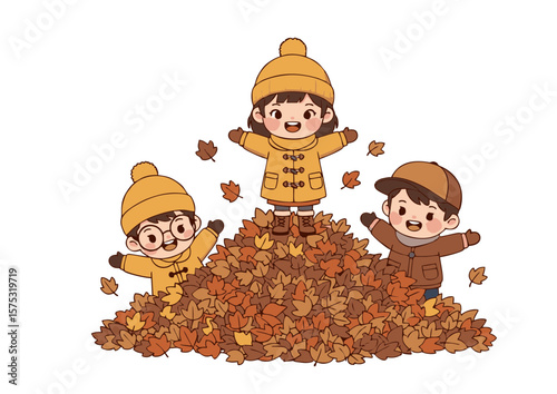 Cartoon Children Playing in Autumn Leaves Pile Wearing Winter Clothes.