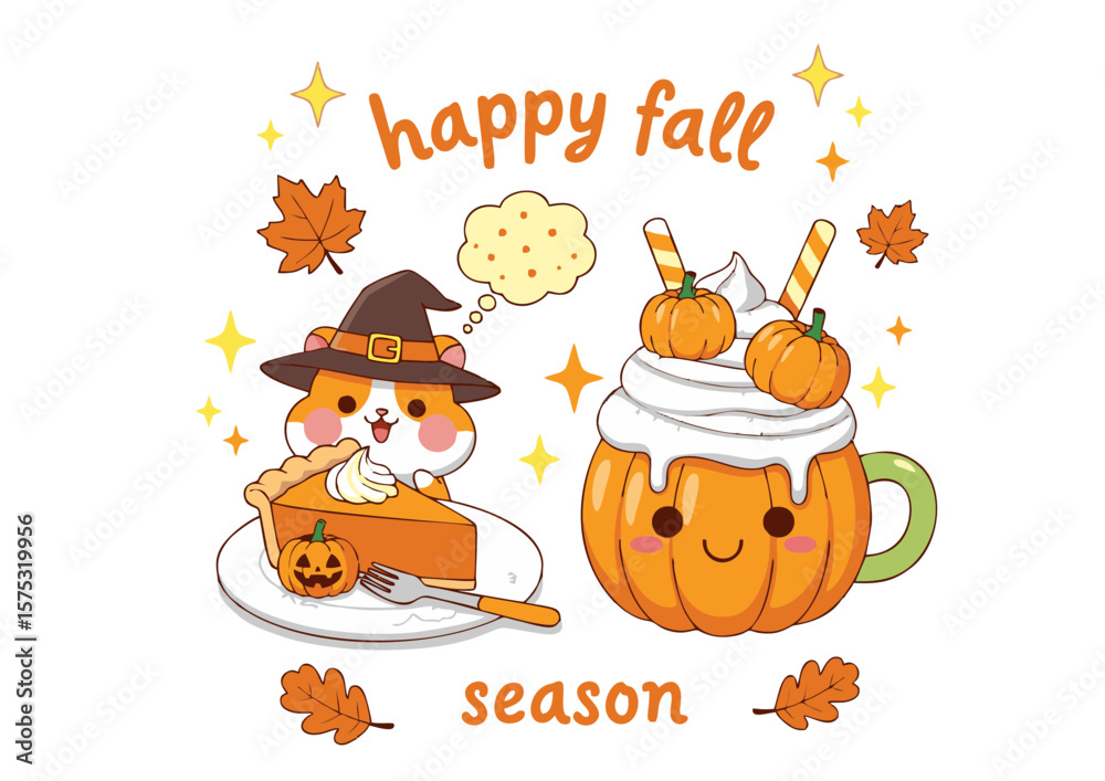 Fototapeta premium Cute Cartoon Hamster with Pumpkin Pie and Pumpkin Spice Drink for Happy Fall Season.