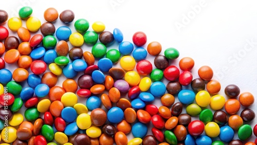 Vibrant colorful M&Ms candies scattered on a white background with various shapes and colors, candy, food decor