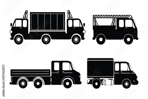 Vehicle Fleet Silhouettes: A collection of essential transportation vehicles in sleek black silhouette, embodying the spirit of logistical precision and urban mobility.