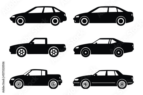 Black Car Silhouettes: A diverse collection of meticulously rendered black car silhouettes. perfect for representing vehicle options or themes of travel and mobility. 