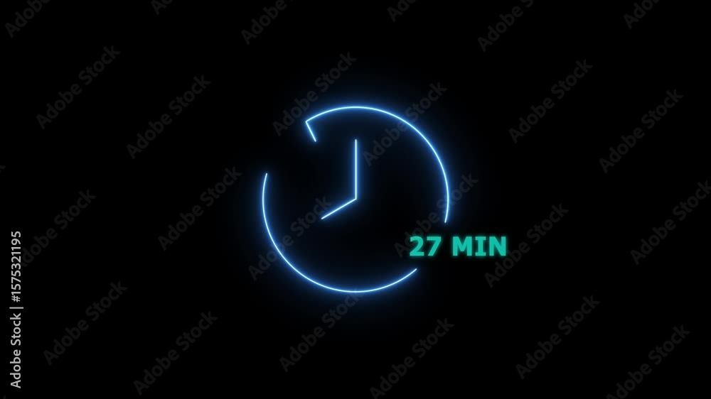 27 minute countdown timer Animation. analog neon clock icon animation . black background