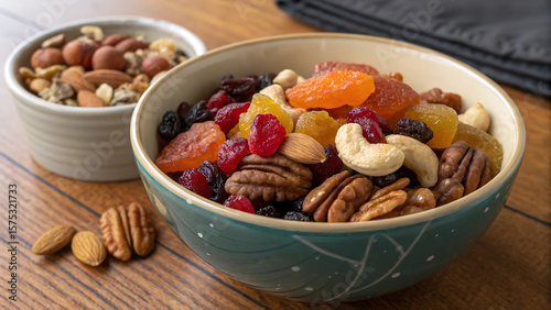 Delectable Dried Fruit and Nut Medley A Healthy and Flavorful Snack Displayed in Ceramic Bowls on a Wood Table