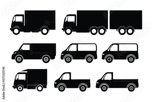 Fleet of Transportation: A collection of cargo and commercial transport vehicles, meticulously rendered in a minimalist black and white illustration, showcasing different designs. 