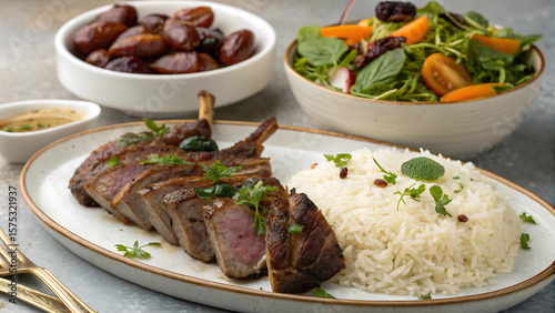 Elegant Lamb Chop Dinner Featuring Rice, Salad, and Dates in a White Bowl on Modern Table