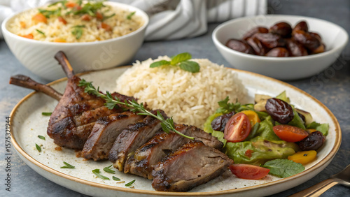 Elegant Lamb Chop Dinner Display Featuring Rice Salad and Dates a Culinary Masterpiece