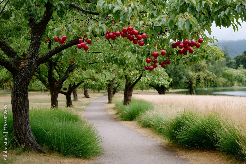 Naklejka premium Ripe red cherries hanging from tree branches in an orchard by a lake