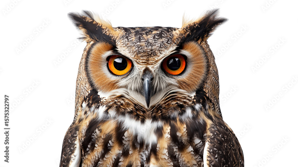 Fototapeta premium Owl with detailed plumage looking straight ahead background isolated on a Transparent background, PNG file.