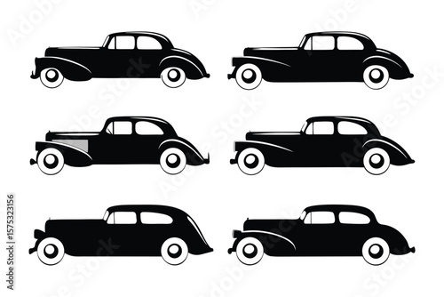 Vintage Cars Silhouette Set: This collection showcases a variety of classic cars in elegant black silhouette. a stylish tribute to the golden age of motoring. Each car, depicted with fine detail.