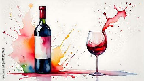 Wine bottle and splashing wine glass with colorful paint splatters red wine watercolor