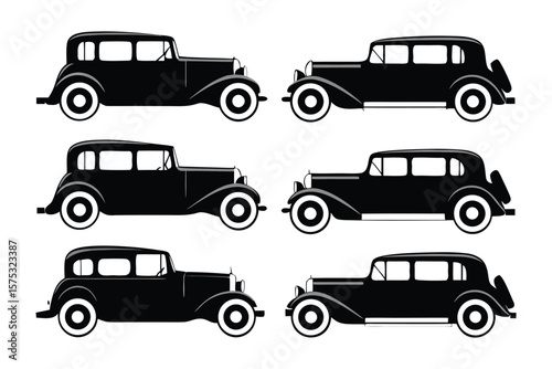 Vintage Car Collection: An alluring collection of classic vintage cars, meticulously illustrated in black silhouette, each exuding timeless elegance and nostalgia. 