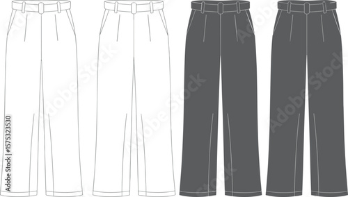 Women’s wide leg tailored trousers flat sketch, front and back view, high waist belt pants fashion design technical drawing template