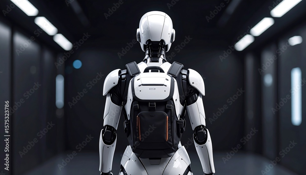 Futuristic Robot with Backpack Standing in Corridor with Modern Technology. Futuristic Robot with Backpack Standing in Corridor with Modern Technology.